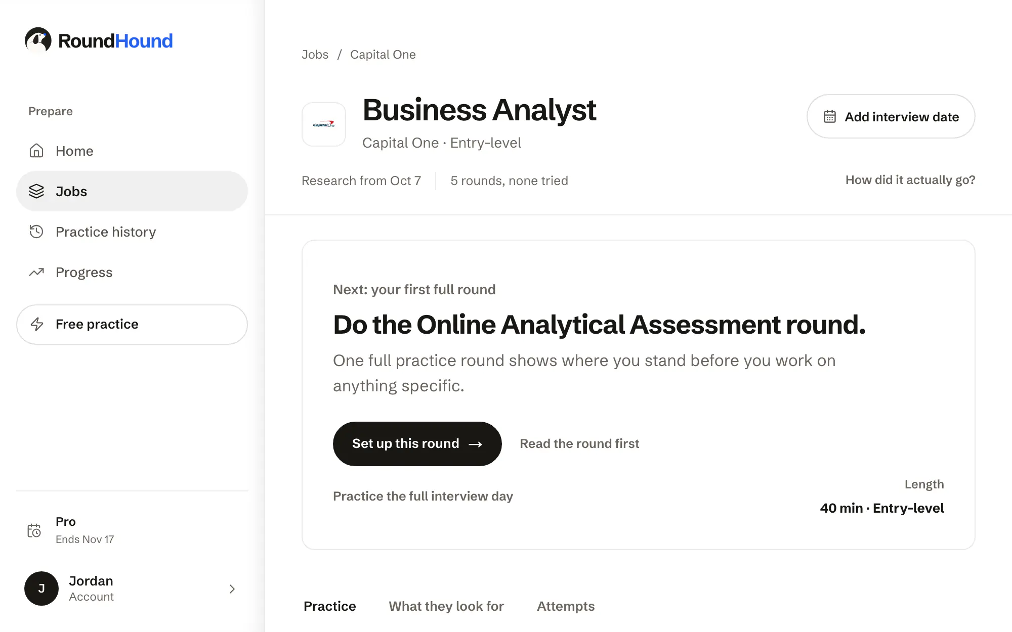 A researched entry-level Business Analyst job at Capital One, with its five interview rounds and the first one, the Online Analytical Assessment, ready to set up.